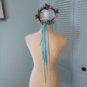 HANDMADE FAIRY CROWN HALO FLOWERS RIBBONS FLOWER GIRL HAIR WREATH 19" COSTUME